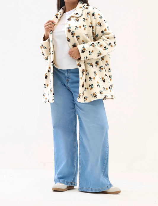 Veste polaire en peluche ivoire à fleurs