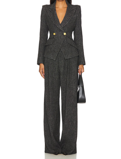 Ensemble blazer à boutons métalliques et pantalon taille haute