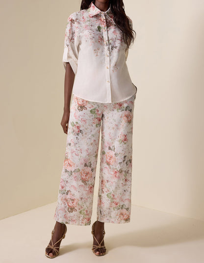 Ensemble haut à col fleuri et pantalon taille haute