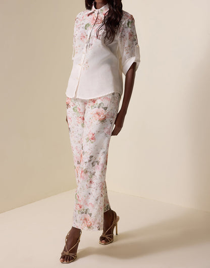 Ensemble haut à col fleuri et pantalon taille haute