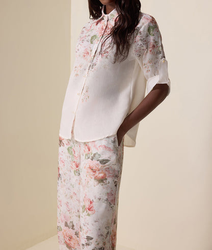 Ensemble haut à col fleuri et pantalon taille haute