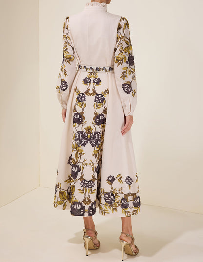 Robe midi fleurie à simple boutonnage avec ceinture