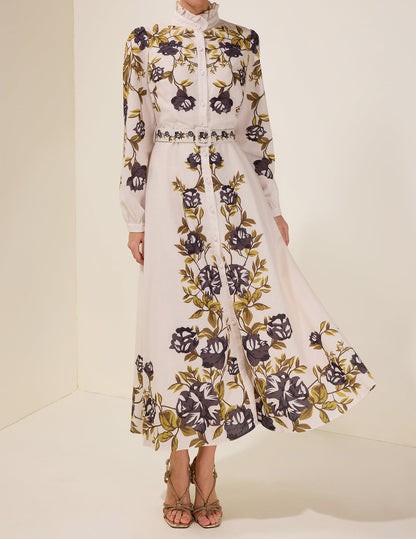 Robe midi fleurie à simple boutonnage avec ceinture