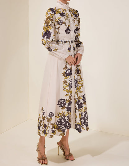 Robe midi fleurie à simple boutonnage avec ceinture