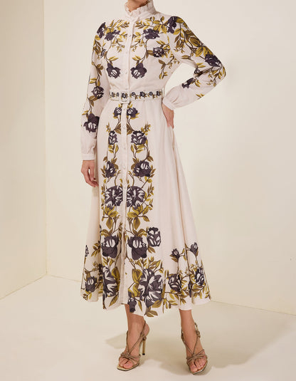 Robe midi fleurie à simple boutonnage avec ceinture