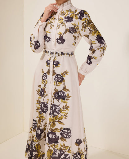 Robe midi fleurie à simple boutonnage avec ceinture