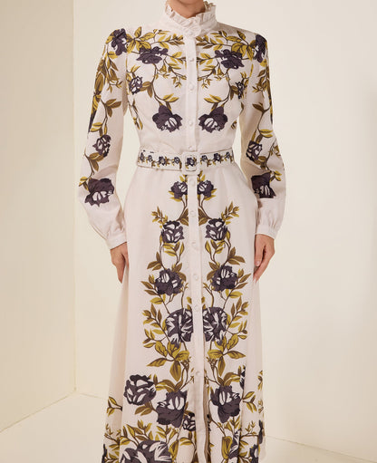 Robe midi fleurie à simple boutonnage avec ceinture