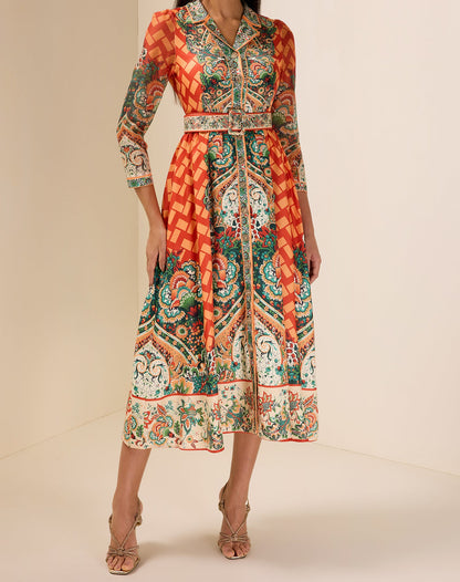 Robe midi imprimé botanique avec ceinture