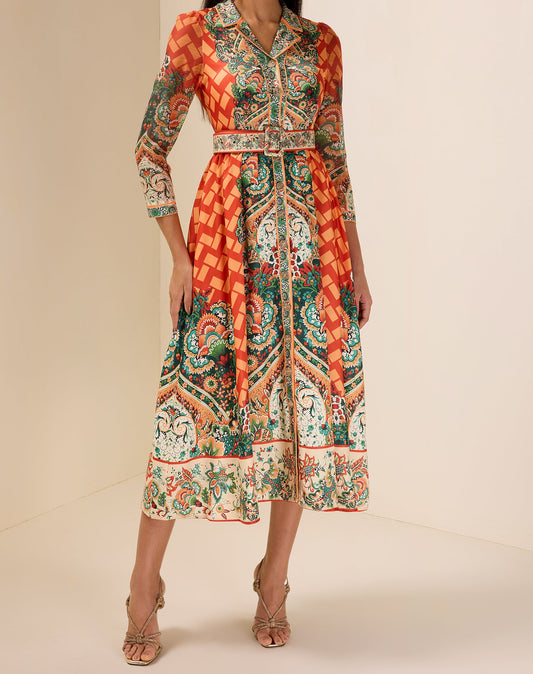 Robe midi imprimé botanique avec ceinture