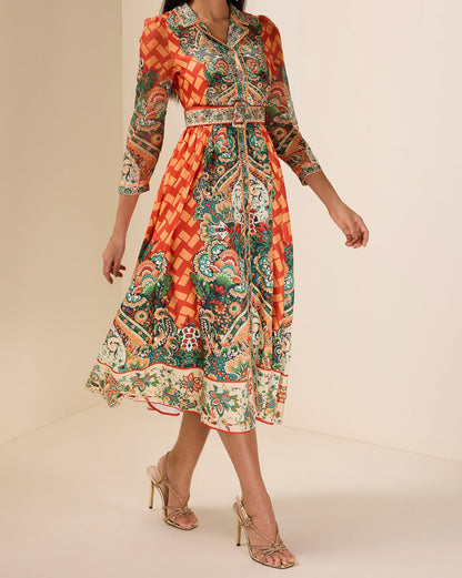 Robe midi imprimé botanique avec ceinture