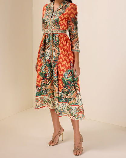 Robe midi imprimé botanique avec ceinture