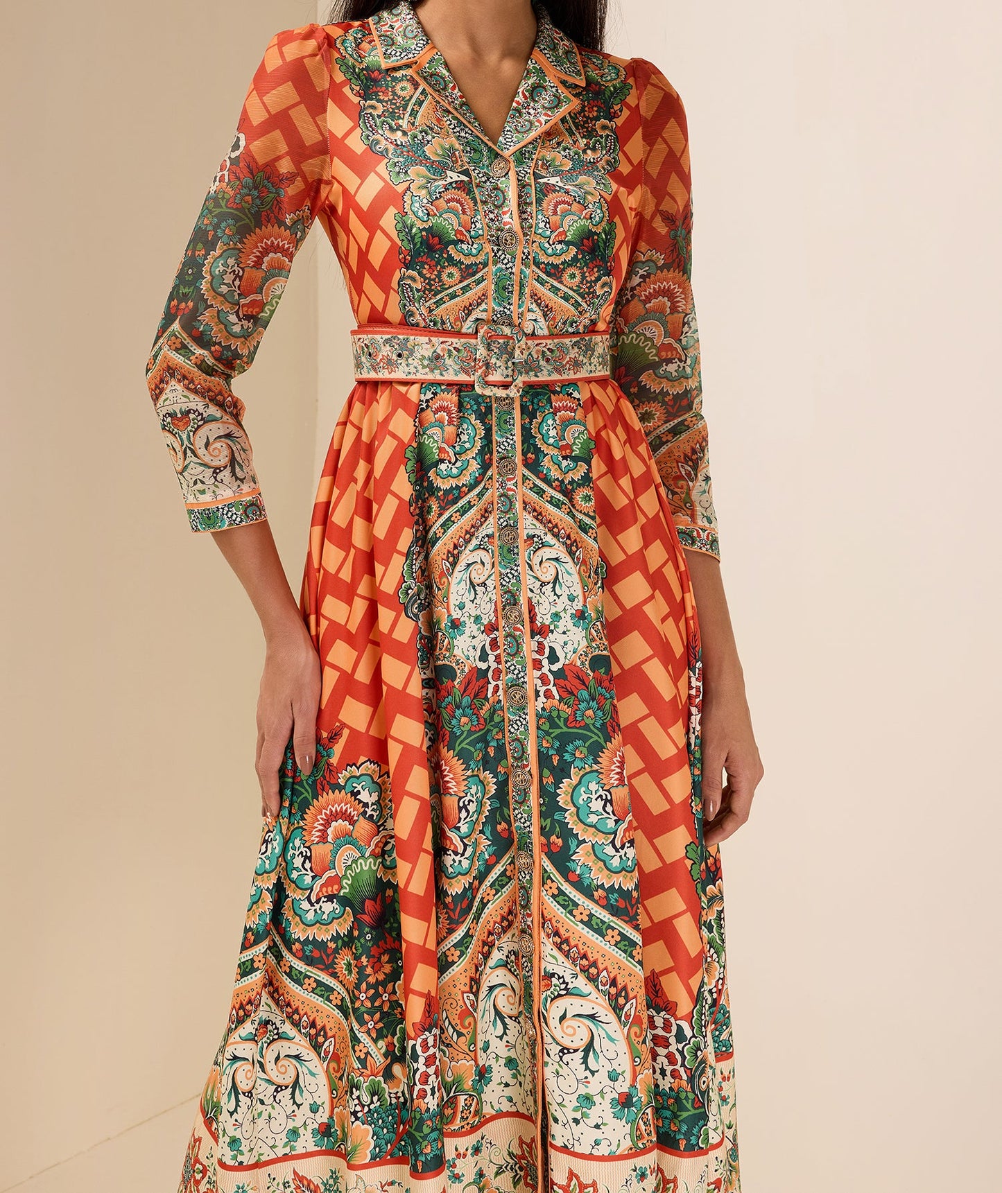 Robe midi imprimé botanique avec ceinture