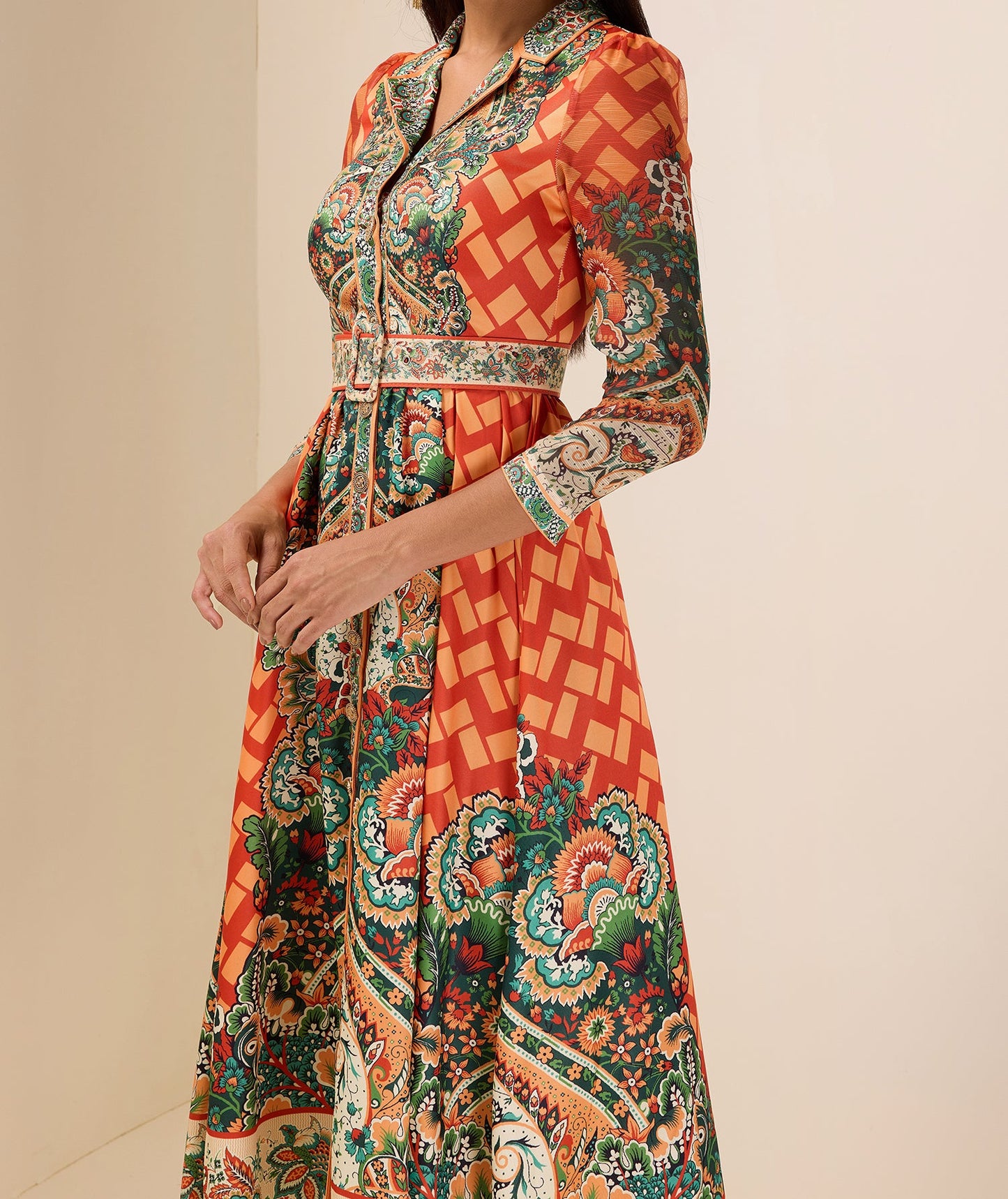 Robe midi imprimé botanique avec ceinture