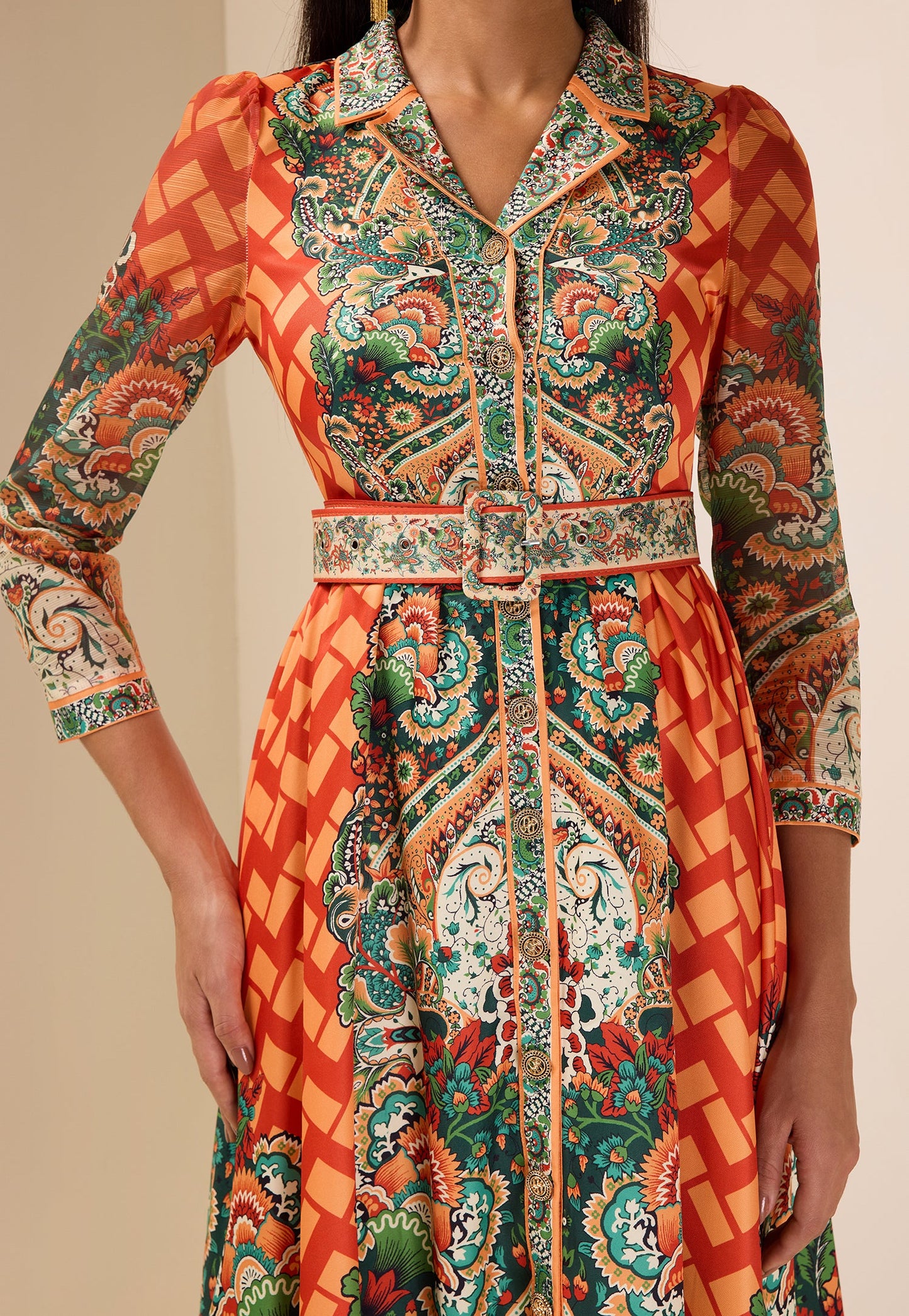 Robe midi imprimé botanique avec ceinture