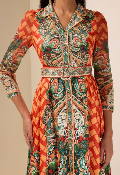 Robe midi imprimé botanique avec ceinture