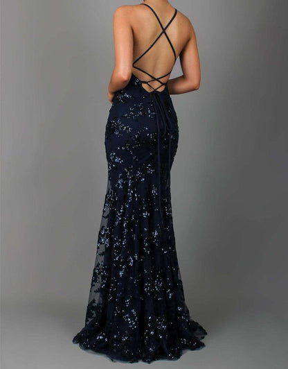 Robe longue dos nu à col en V et paillettes