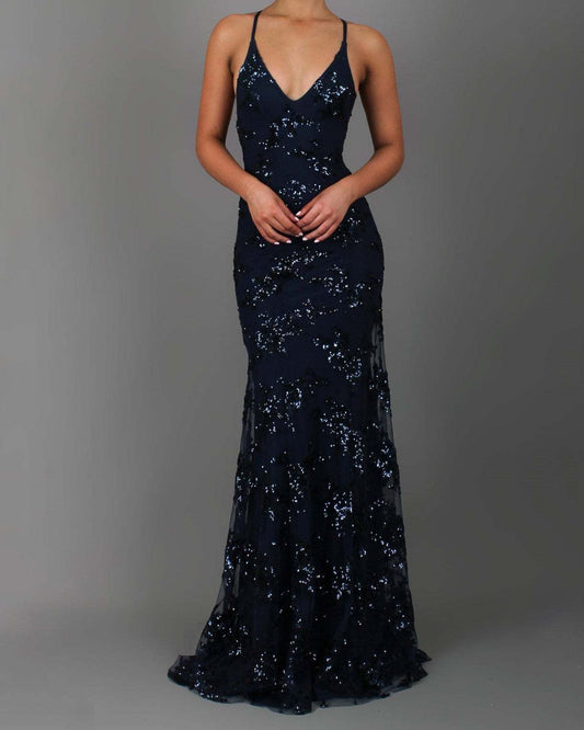 Robe longue dos nu à col en V et paillettes