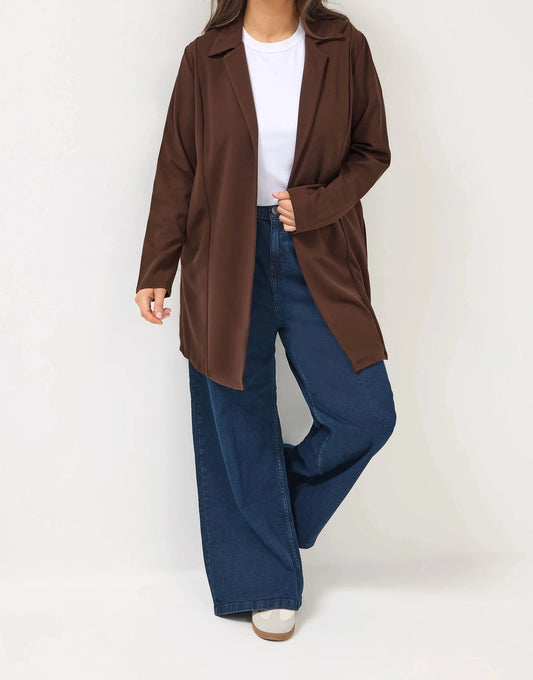 Blazer long marron à col tailleur