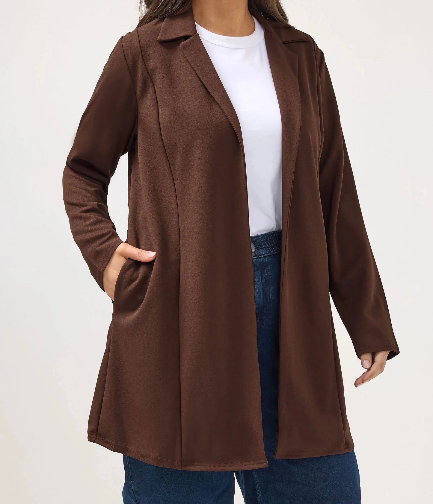 Blazer long marron à col tailleur