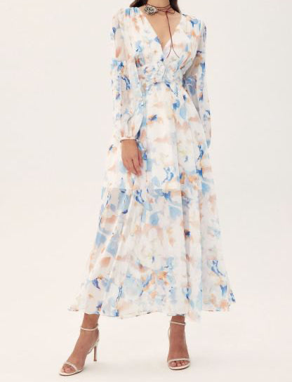 Robe mi-longue à imprimé col en V