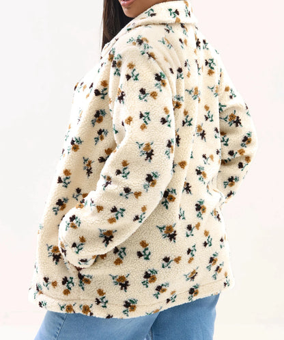 Veste polaire en peluche ivoire à fleurs