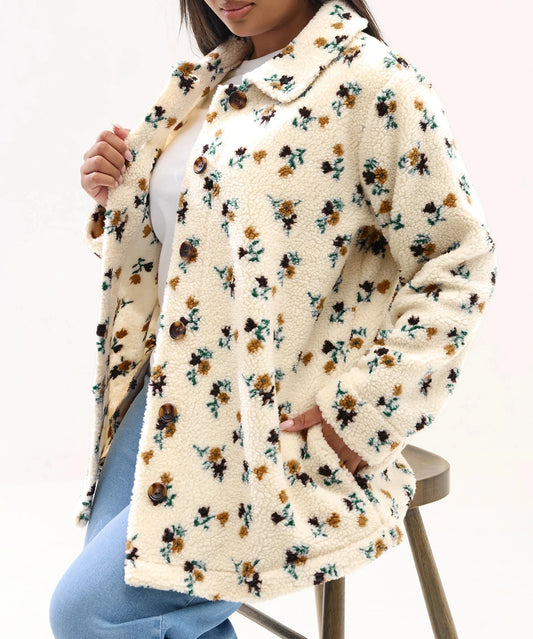 Veste polaire en peluche ivoire à fleurs