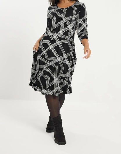 Robe longue noire à poches imprimé abstrait